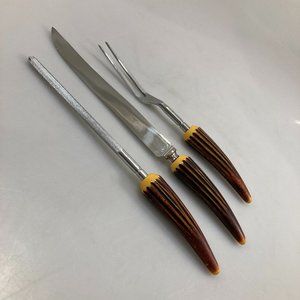 Crown Crest Sheffield 3 Pc Carving Set Stainless Steel Blades Horn Handles Vint